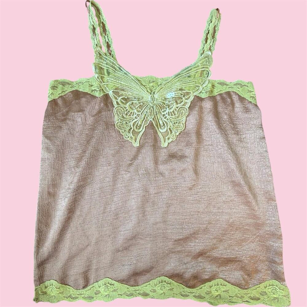 Pink lace butterfly cami top with cream lace trim and beaded details